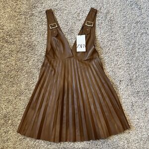 Zara Brown Faux Leather Pleated Strapless Pinafore Dress